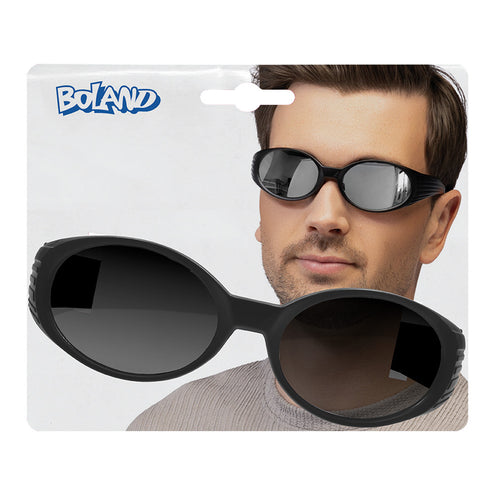 Partybril Vector zwart met ovale spiegelglazen op de verpakkingskaart van Boland