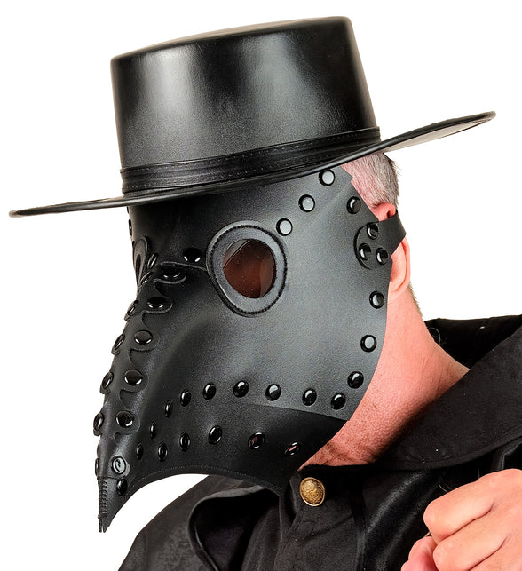 Pestdokter masker driekwart gedragen, ronde kijkgaten en matzwart kunstleer
