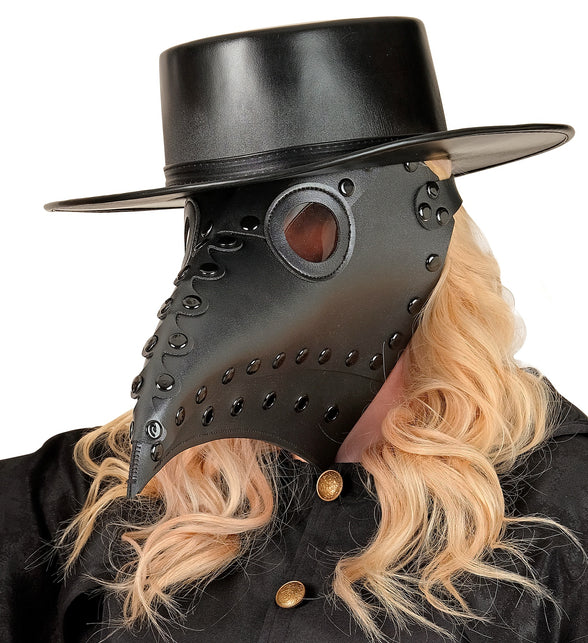 Pestdokter masker zijaanzicht met vooruitstekende snavel, gedragen op Halloween
