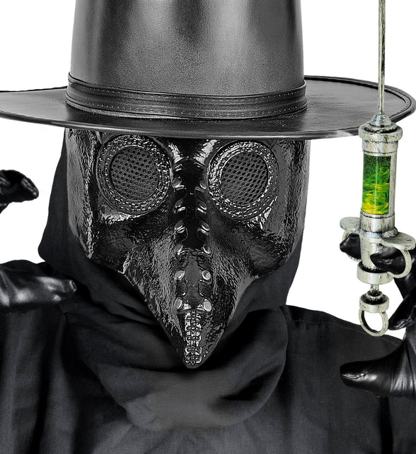 Pestdokter snavelmasker in donkere griezellook voor Halloween, close-up
