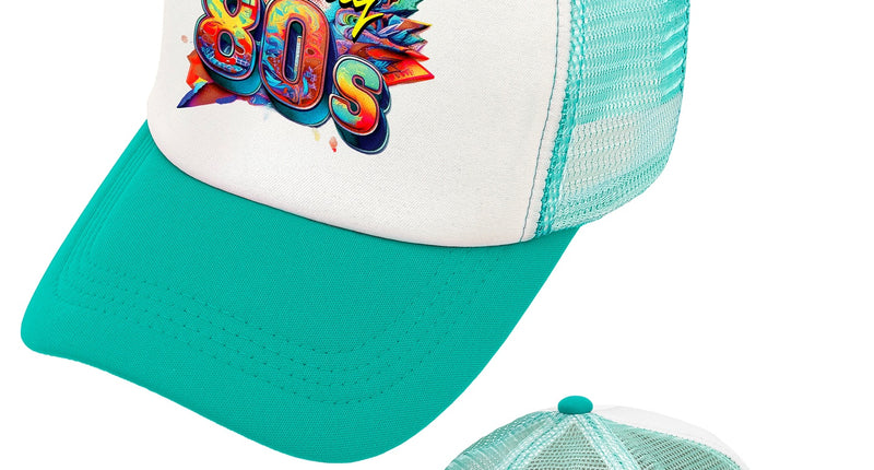 Pet jaren 80 turquoise met wit voorpaneel en kleurrijke Totally 80s print, voor- en achterkant
