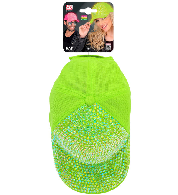 Pet strass neon groen in Widmann-verpakking met vermelding glow onder UV-licht