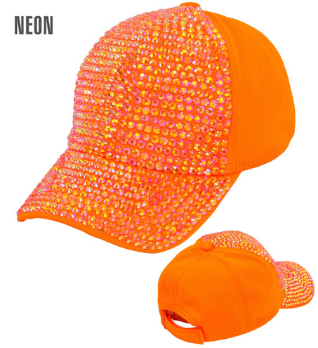 Pet strass neon oranje met dicht bezet strassvlak op voorpand en klep, met neonlabel