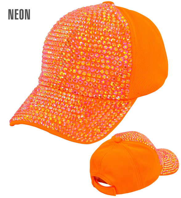 Pet strass neon oranje met dicht bezet strassvlak op voorpand en klep, met neonlabel