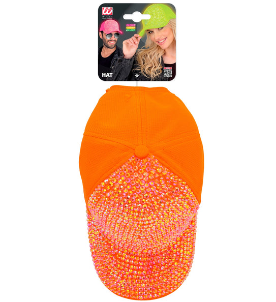Pet strass neon oranje in verpakking met kaart die het oplichten onder uv-licht vermeldt