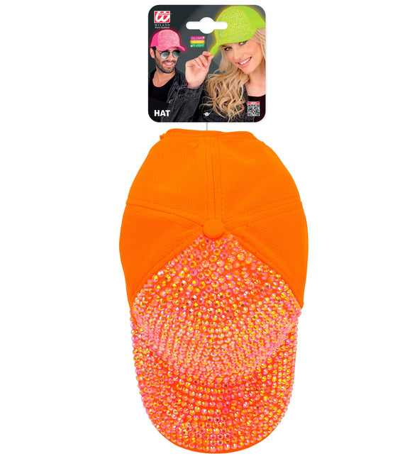Pet strass neon oranje in verpakking met kaart die het oplichten onder uv-licht vermeldt