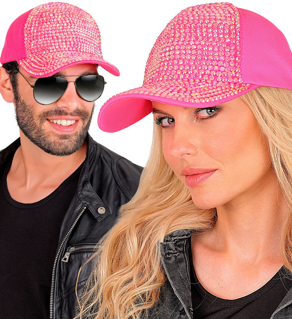 Pet strass neon roze gedragen door dame en heer op een neonparty
