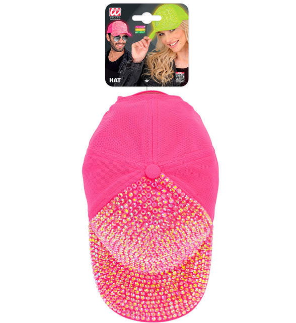 Pet strass neon roze op verpakkingskaart van Widmann, achterpanden in effen neonroze