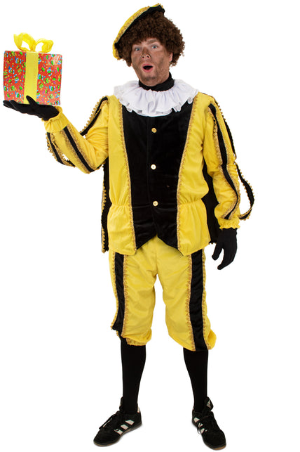 Piet plushe zwart/geel: geel pietenpak met zwarte banen, goudkleurig boordsel en pofbroek voor het Sinterklaasfeest