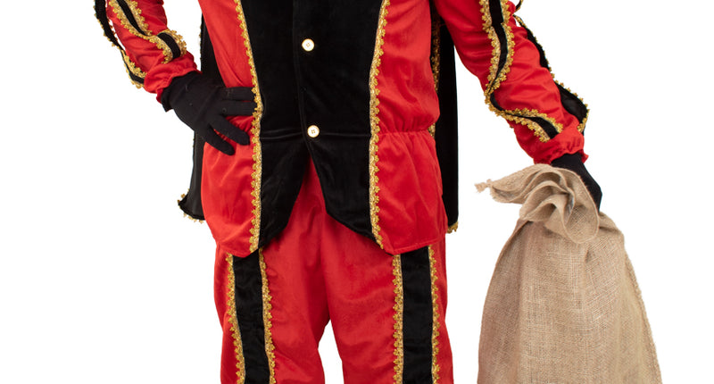 Piet plushe zwart rood met gouden sierbies, pofmouwen en kniebroek, gedragen tijdens het Sinterklaasfeest