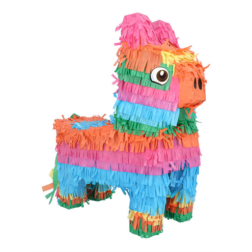 Piñata lama Amigo met roze, oranje, blauwe en groene franjes en geprint oog voor een verjaardag