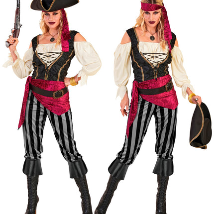 Piraat dame kostuum Emma van voren en van opzij, hoofdband met en zonder piratenhoed