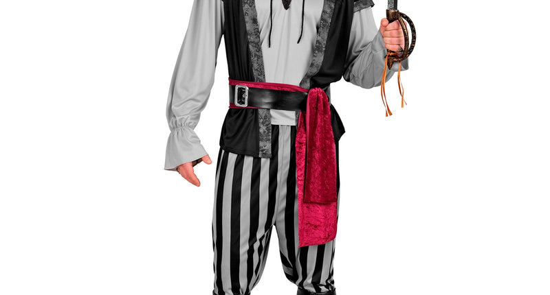 Piraat heren kostuum Maud met grijs rijgshirt, zwart vest en gestreepte broek voor carnaval