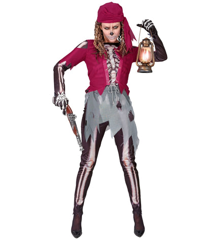 Piraat skelet kostuum dames met bordeauxrood korsetshirt, grijze gerafelde rok en bottenlegging voor Halloween