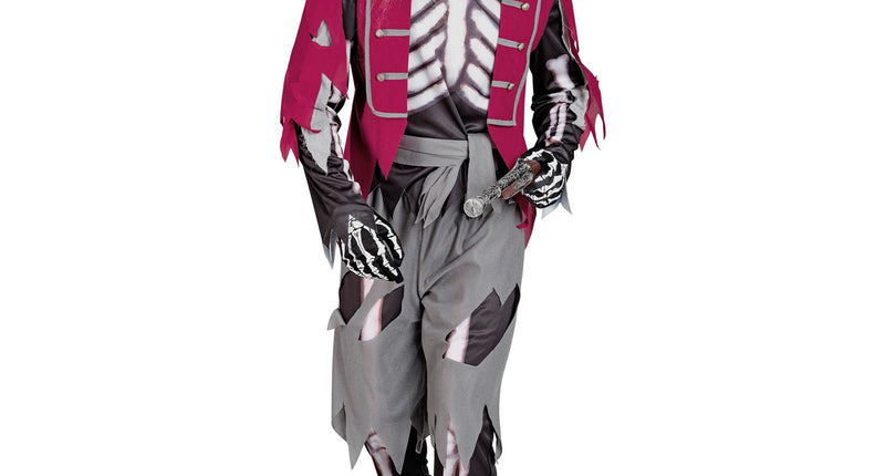 Piraat skelet kostuum Jack met bordeauxrood gerafeld vest en botopdruk, herenkostuum voor Halloween