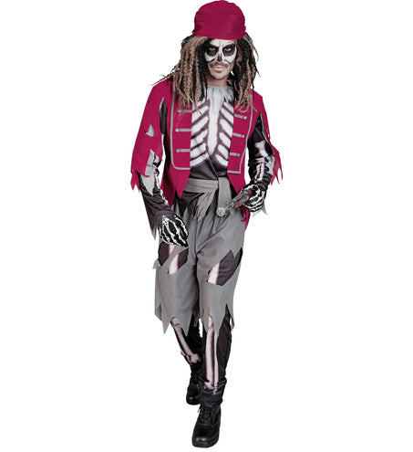 Piraat skelet kostuum Jack met bordeauxrood gerafeld vest en botopdruk, herenkostuum voor Halloween