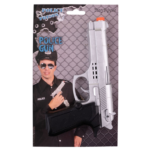 Pistool met geluid op verpakkingskaart, zilver met zwarte greep voor een agentenoutfit of maffiafeest