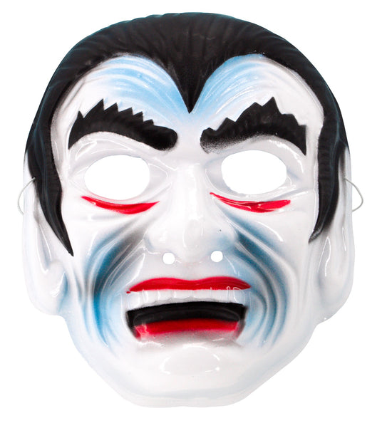 Plastic vampier masker met wit gezicht, zwart haar en rode mond met hoektanden voor Halloween