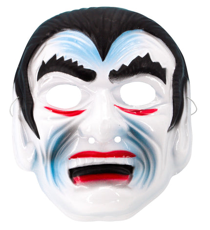 Plastic vampier masker met wit gezicht, zwart haar en rode mond met hoektanden voor Halloween