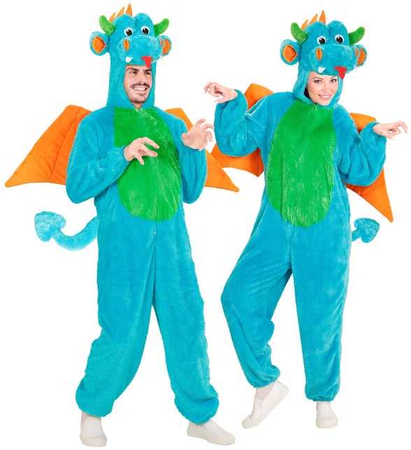 Pluche drakenkostuum Drake in blauw met groene buik en oranje vleugels, gedragen door een man en een vrouw