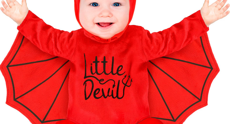 Pluche duivel kostuum Milan kind in rood met vleermuisvleugels en kapje met horens voor Halloween