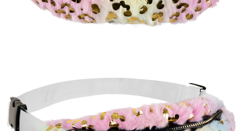 Pluche heuptasje pastel met gouden luipaardprint, zwarte rits en verstelbare witte band