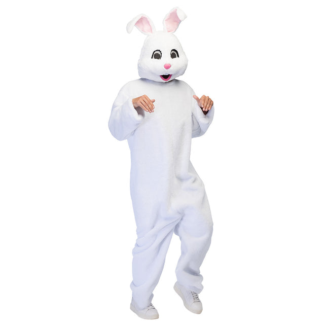 Pluche konijnpak Bouncing bunny in wit met groot konijnenmasker en roze neus, vooraanzicht