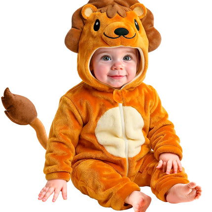 Pluche leeuwenpakje Leo met crèmekleurige buik en staart met donkerbruine pluim, zittende baby