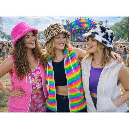 Pluchen bucket hat met koeienprint gedragen op een zomerfestival