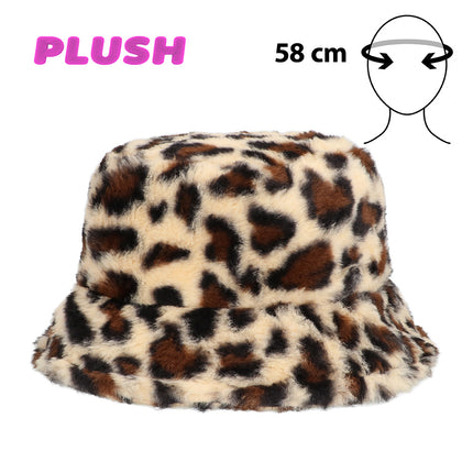Pluchen bucket hat luipaard los vooraanzicht met harige vlekkenprint en hoofdomvang van 58 cm