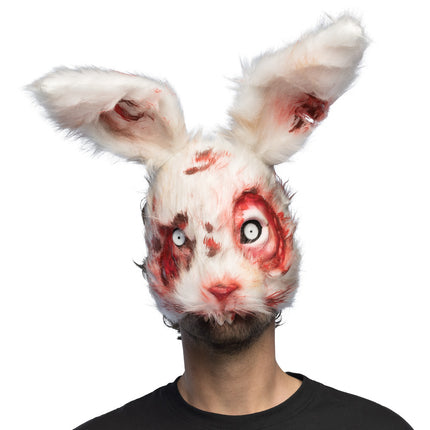 Pluchen halfmasker Bloederig konijn, wit met bloedvlekken en starende ogen, vooraanzicht voor Halloween
