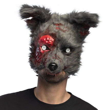 Pluchen halfmasker Bloederige weerwolf in grijs met bloedrode wond rond één oog, gedragen voor Halloween
