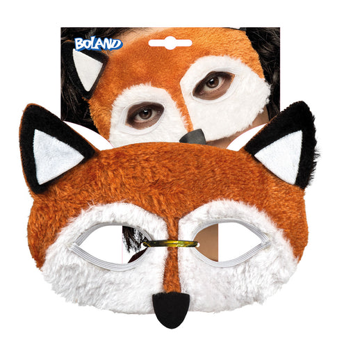 Pluchen halfmasker vos in de verpakking van Boland met zichtbare oranje en witte pluchevlakken