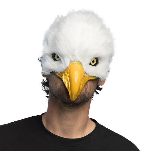 Pluchen halfmasker witte adelaar van voren gedragen, wit pluche met gele snavel die de neus bedekt