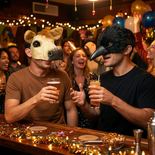 Pluchen kraaienmasker op een feestavond, met de mond vrij om onder de snavel te drinken