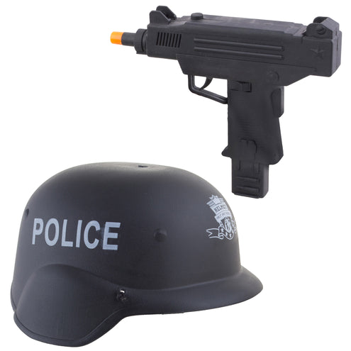 Politie helm met uzi kind: zwarte helm met witte POLICE-letters en zwarte nep-uzi met oranje loopje
