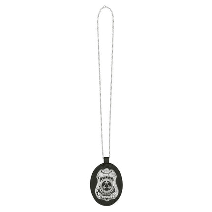 Politiebadge ketting Super police in volle lengte, zilverkleurige ketting met badge in zwarte ovale houder
