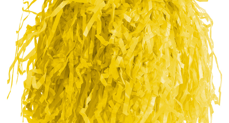 Pom pom Cheerleader ringgreep geel met gele slierten en witte greep met twee vingergaten