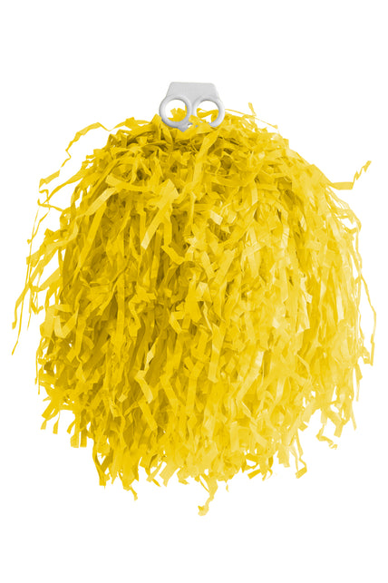 Pom pom Cheerleader ringgreep geel met gele slierten en witte greep met twee vingergaten