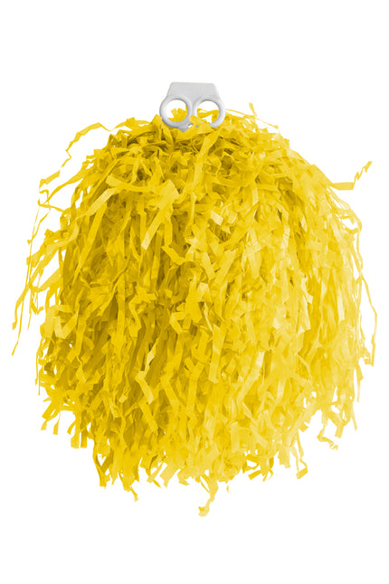 Pom pom Cheerleader ringgreep geel met gele slierten en witte greep met twee vingergaten