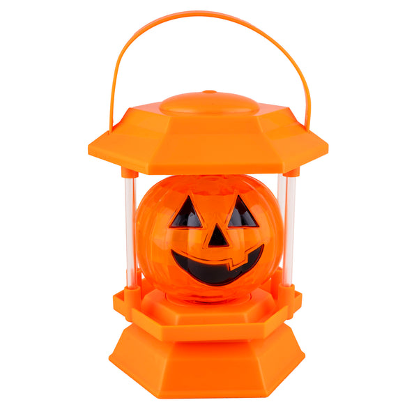 Pompoen lantaarn oranje van pvc met zwart grijsgezicht en beugelgreep, 16 cm, voor Halloween