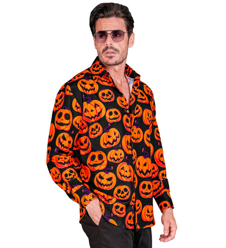 Pompoenblouse heren van zijkant, print loopt door over mouw en manchet