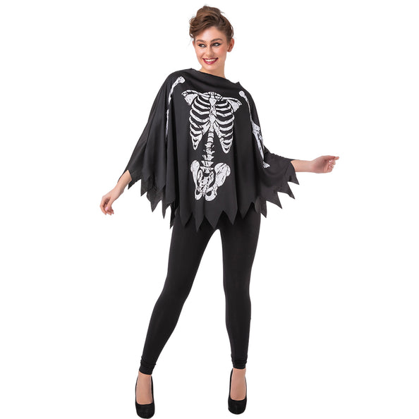 Poncho skeleton Sacha in zwart met wit botten- en bekkenprint en gerafelde punten, voor Halloween