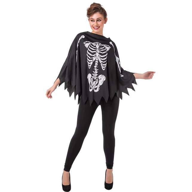 Poncho skeleton Sacha in zwart met wit botten- en bekkenprint en gerafelde punten, voor Halloween