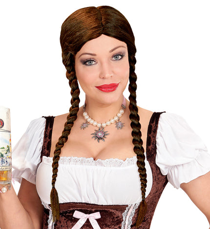 Pruik Greta met vlechten in bruin met middenscheiding en twee lange vlechten, voor Oktoberfest