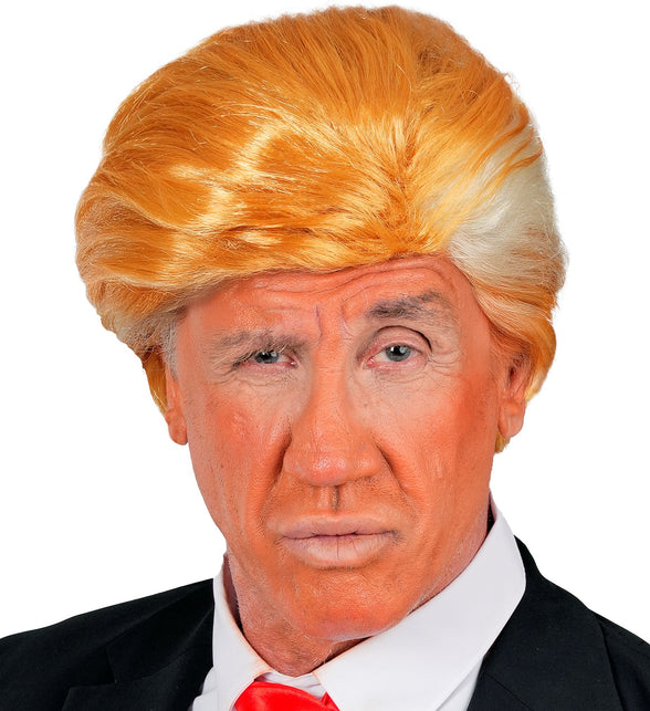 Pruik Mr. President voor heren van voren, oranjeblonde kuif met lichtere lokken bij de slapen