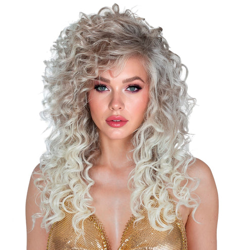 Pruik supercurls dames met volle blonde krullen tot over de schouders, voor een jaren 80-feest