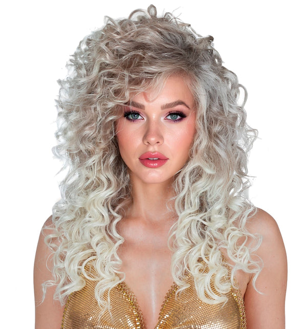 Pruik supercurls dames met volle blonde krullen tot over de schouders, voor een jaren 80-feest