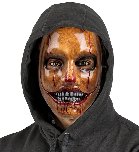 Psycho clown masker gedragen onder een zwarte capuchon, ogen blijven vrij