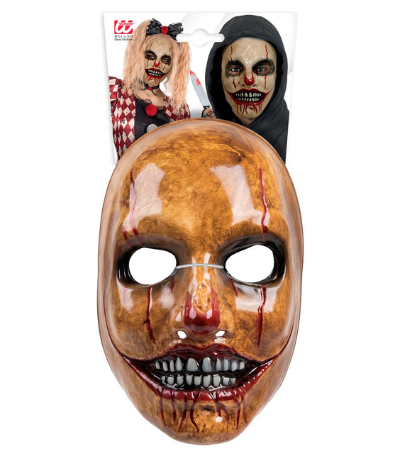 Psycho clown masker in verpakking met zichtbaar elastiek achter de ooguitsparingen
